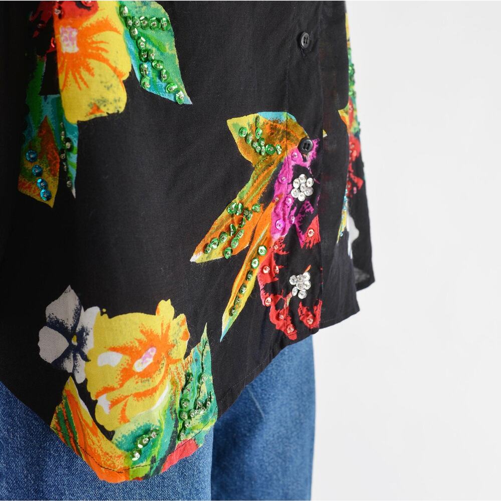 Vintage 90s Black Tropical Floral Beaded Button Down Blouse size L XXL - Picture 5 of 9